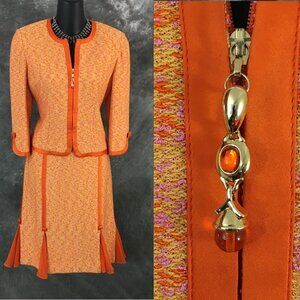 BEAUTIFUL St John couture knit orange multi jacket skirt suit size 4